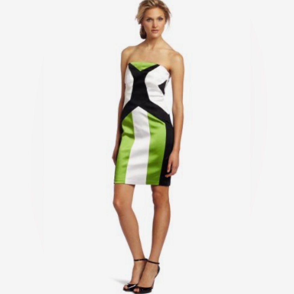Jax black white and green color block strapless satin dress size 6
